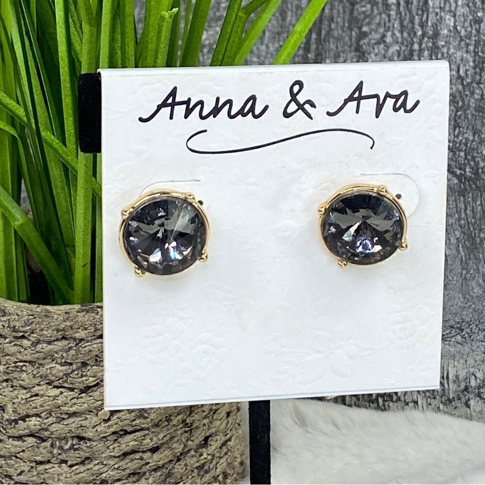 Anna & Ava Dark Gray Rhinestone Stud Earrings Fashion Gold Tone